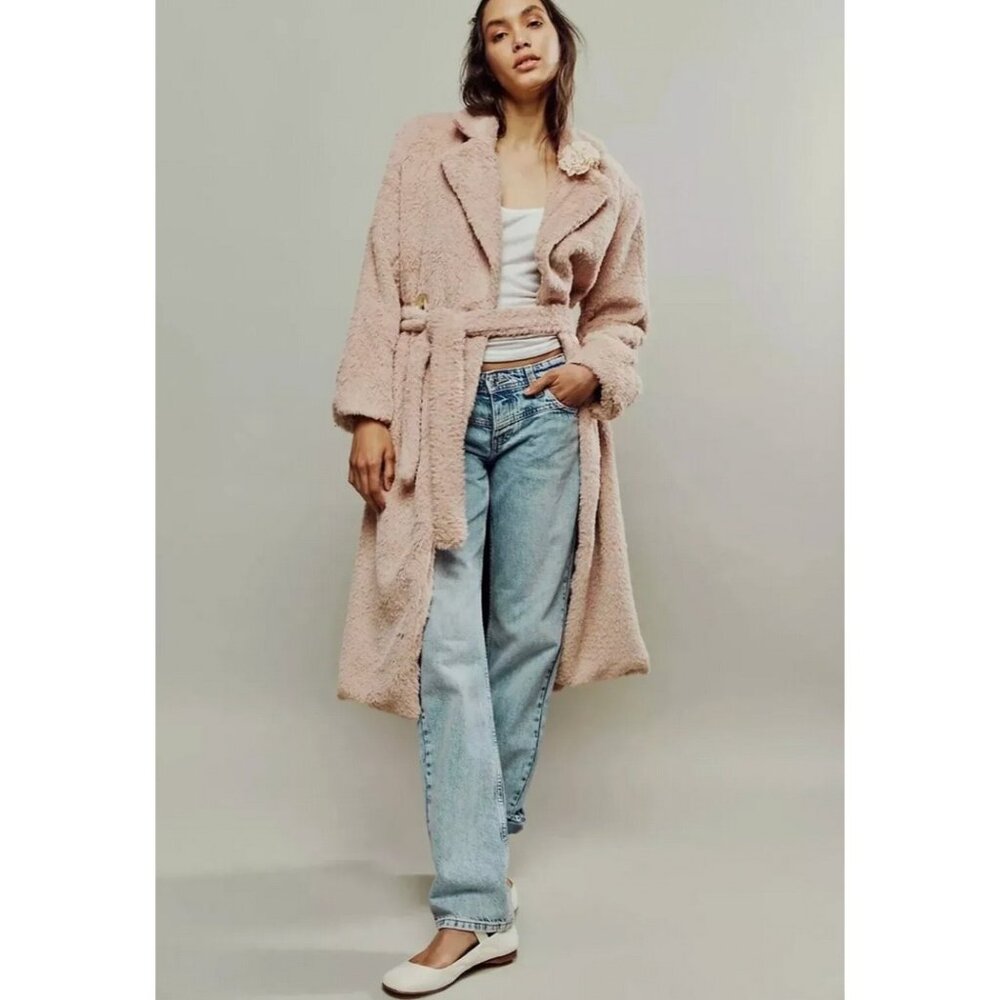 Free People Blush Faux Shearling Trench Coat
